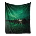 thumbnail image 1 of Aurora Borealis Soft Flannel Fleece Blanket, Gloomy House by the Lake with Aurora Borealis Night Sky Print, Cozy Plush for Indoor and Outdoor Use, 70" x 90", Sea Green Forest Green, by Ambesonne, 1 of 6