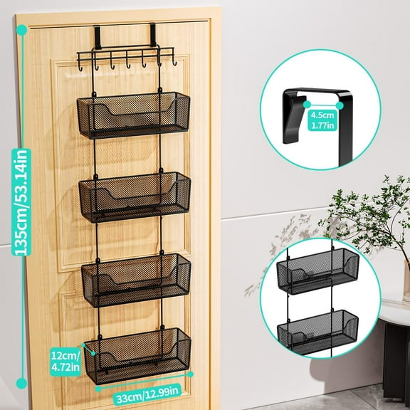 Over The Door Organizer with 4 Metal Baskets and Adjustable Coat Hook for Bathroom Kitchen Bedroom