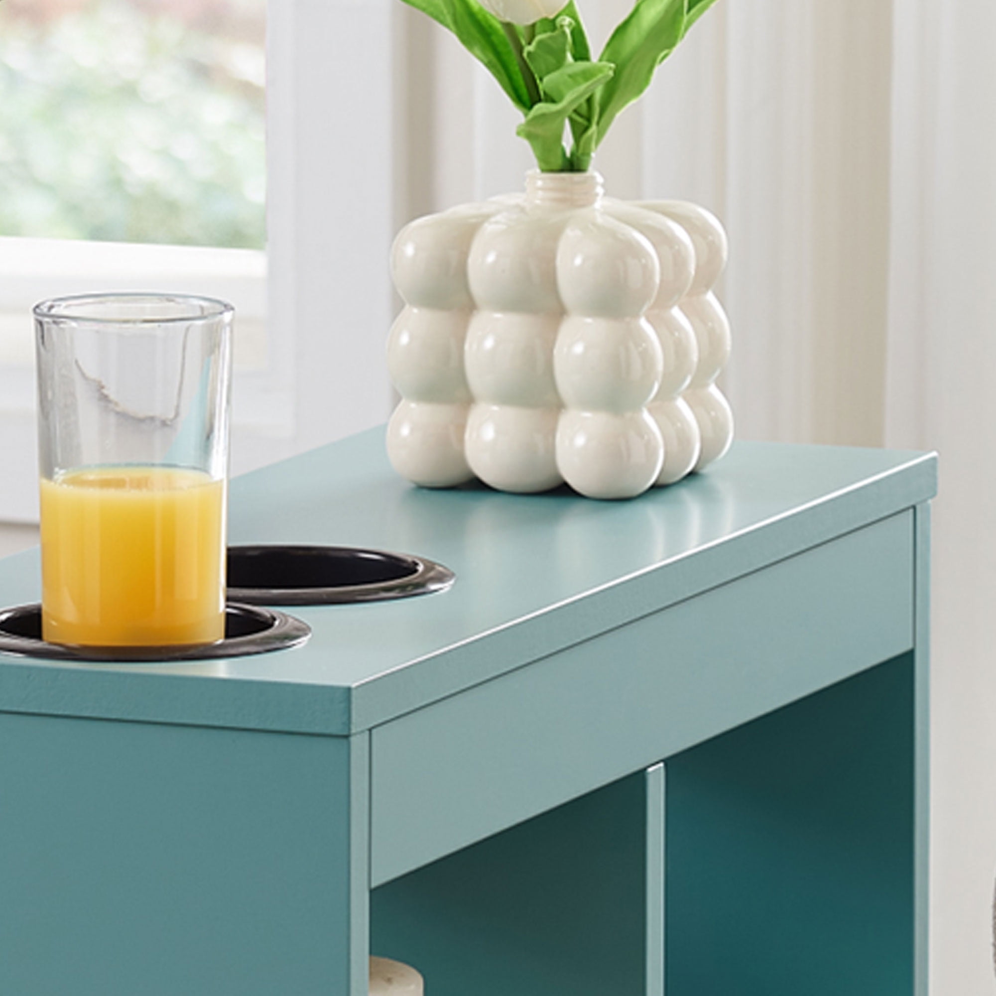 Kings Brand Furniture Slim Wood Side Table with Drink Holders and 3 Open Shelves, Teal