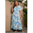 thumbnail image 2 of AURA Plus Size Retro Geometric Maxi Dress V Neck Short Sleeve Elastic Waist Pleated Long Dress with Side Slit for Spring, 2 of 5