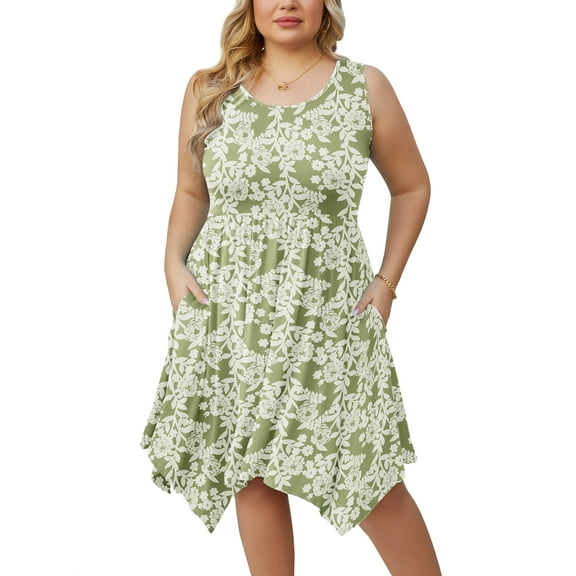 SHOWMALL Women Plus Size Sleeveless Summer Dress Casual Midi Irregular Hem Dress Plain Pleated Scoop Neck Flowy Tank Vest Dresses with Pockets, US Size 3X in Green Roses