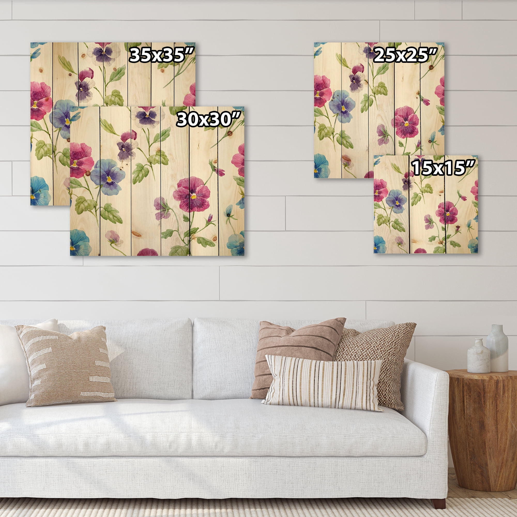 Designart 'Blue and Pink Pansy Flowers II' Traditional Print on Natural Pine Wood
