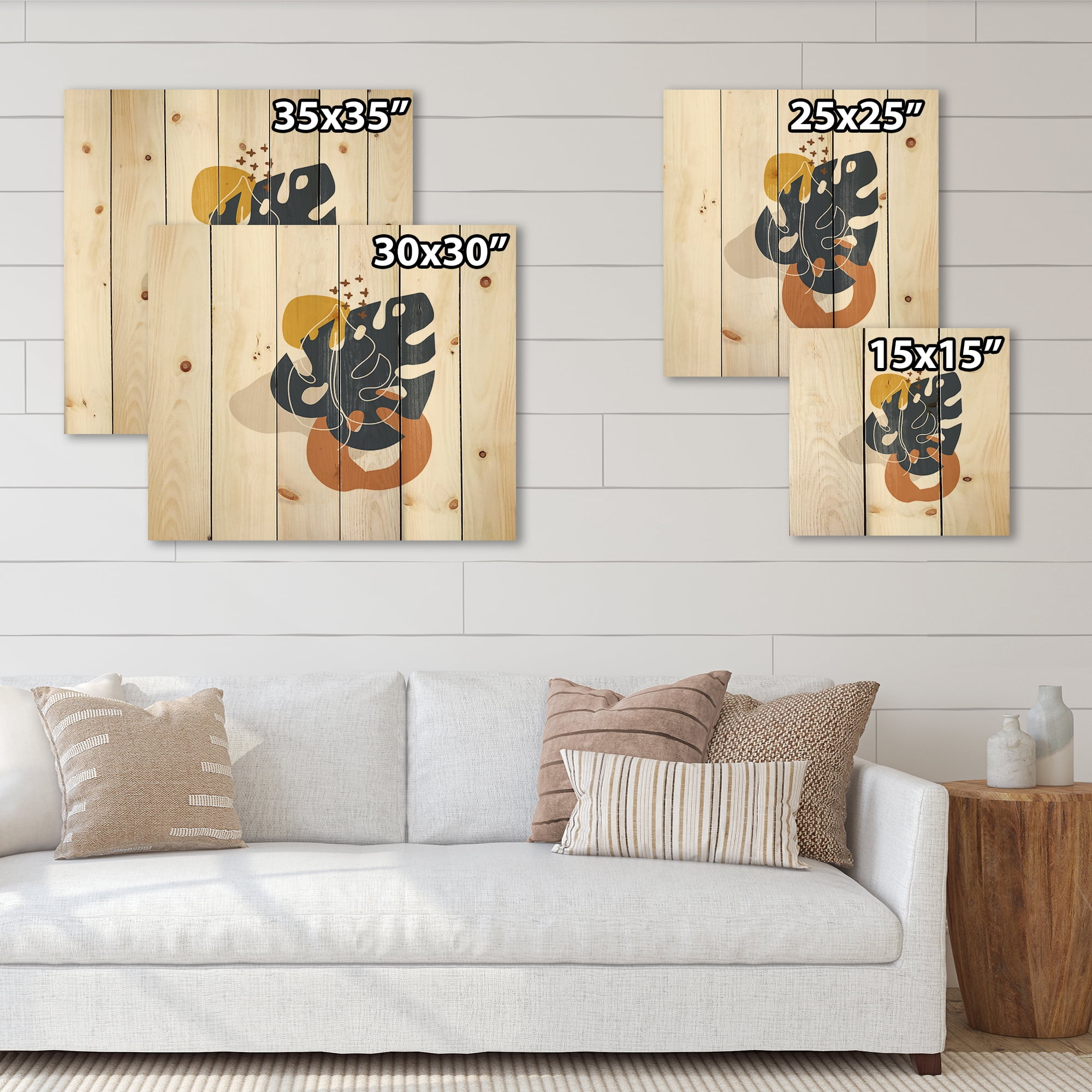 Designart 'Abstract Minimal Shapes Under Flowers IX' Modern Print on Natural Pine Wood