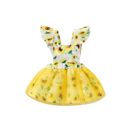

QILINXUAN Baby Girls Sweet Style Dress Summer Toddlers Sunflower Printing Fly Sleeve Mesh Splicing Princess Suspender Skirt