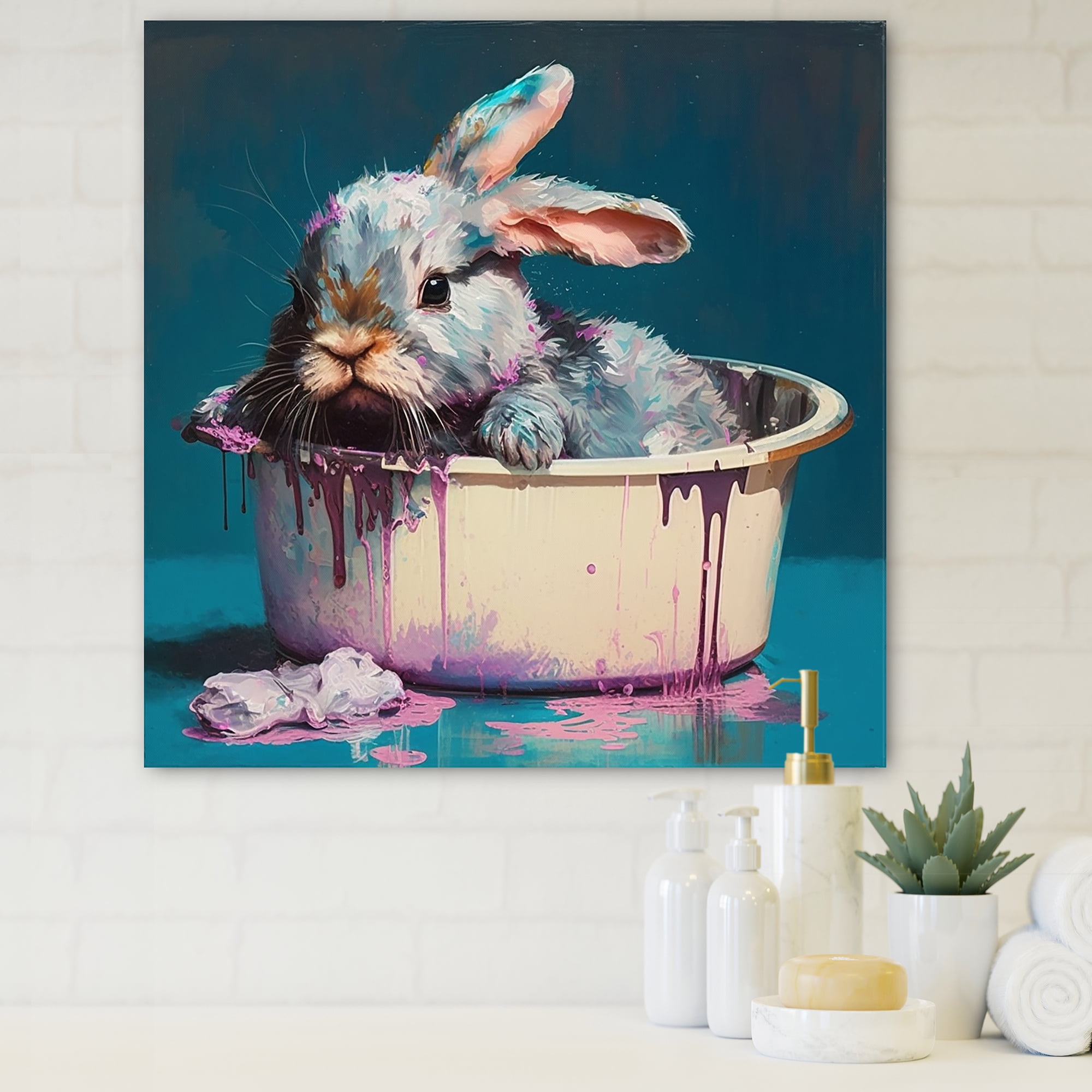 Designart Blue Rabbit Relaxing In The Tub Canvas Wall Art