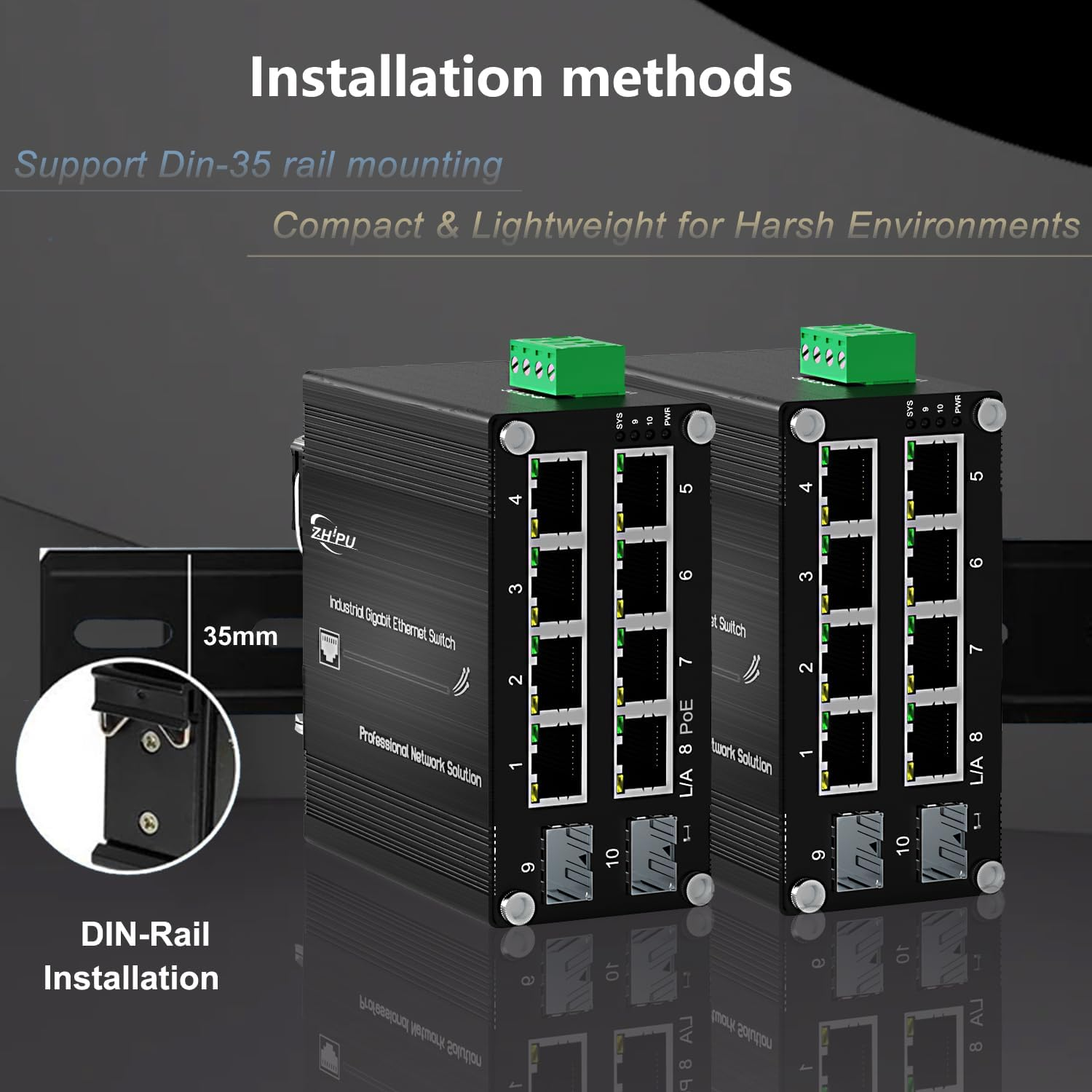 Compact Industrial Managed 8-Port Gigabit Switch with 2 SFP Slots, DIN Rail Mount, Web Management, -40°C to 80°C for IP Cameras & Wireless APs