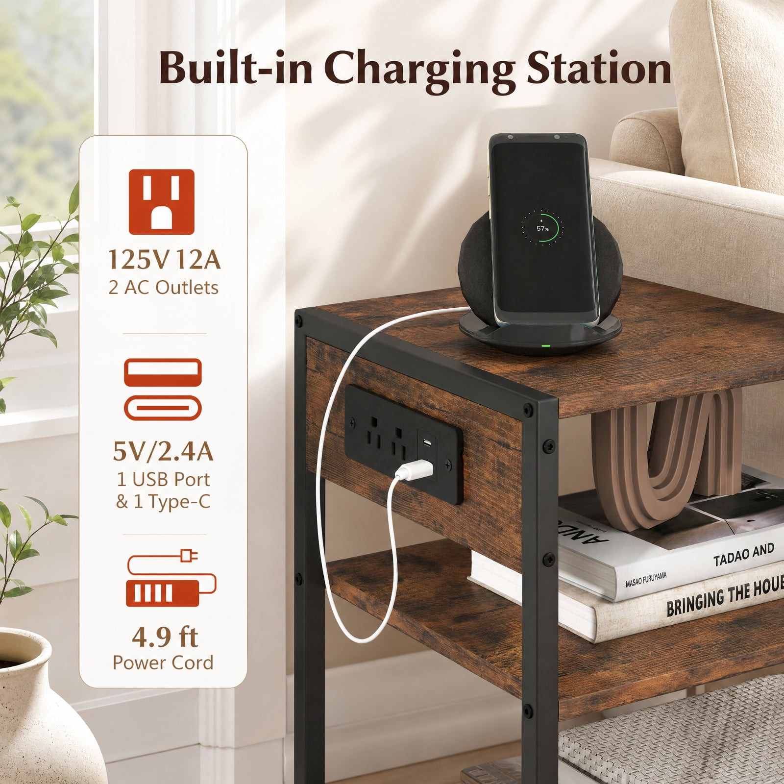 Furnibear 3 Tier Industrial Side Table with 2 AC Outlets USB and Type-C Ports and Metal Frame for Living Room Bedroom Home Office, Rustic Brown