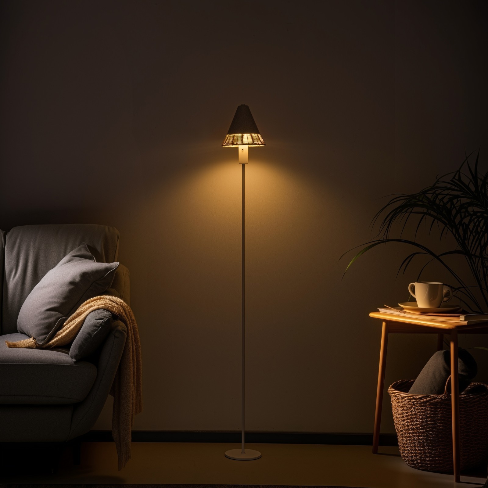 Modern Cordless Rechargeable Floor Lamp, Woven Rattan Cone Shade, 3 Color Temperatures (2700K/4000K/6000K), Dimmable Touch Control, 58" Tall Battery Operated Accent Light for Living Room, Bedroom, Re