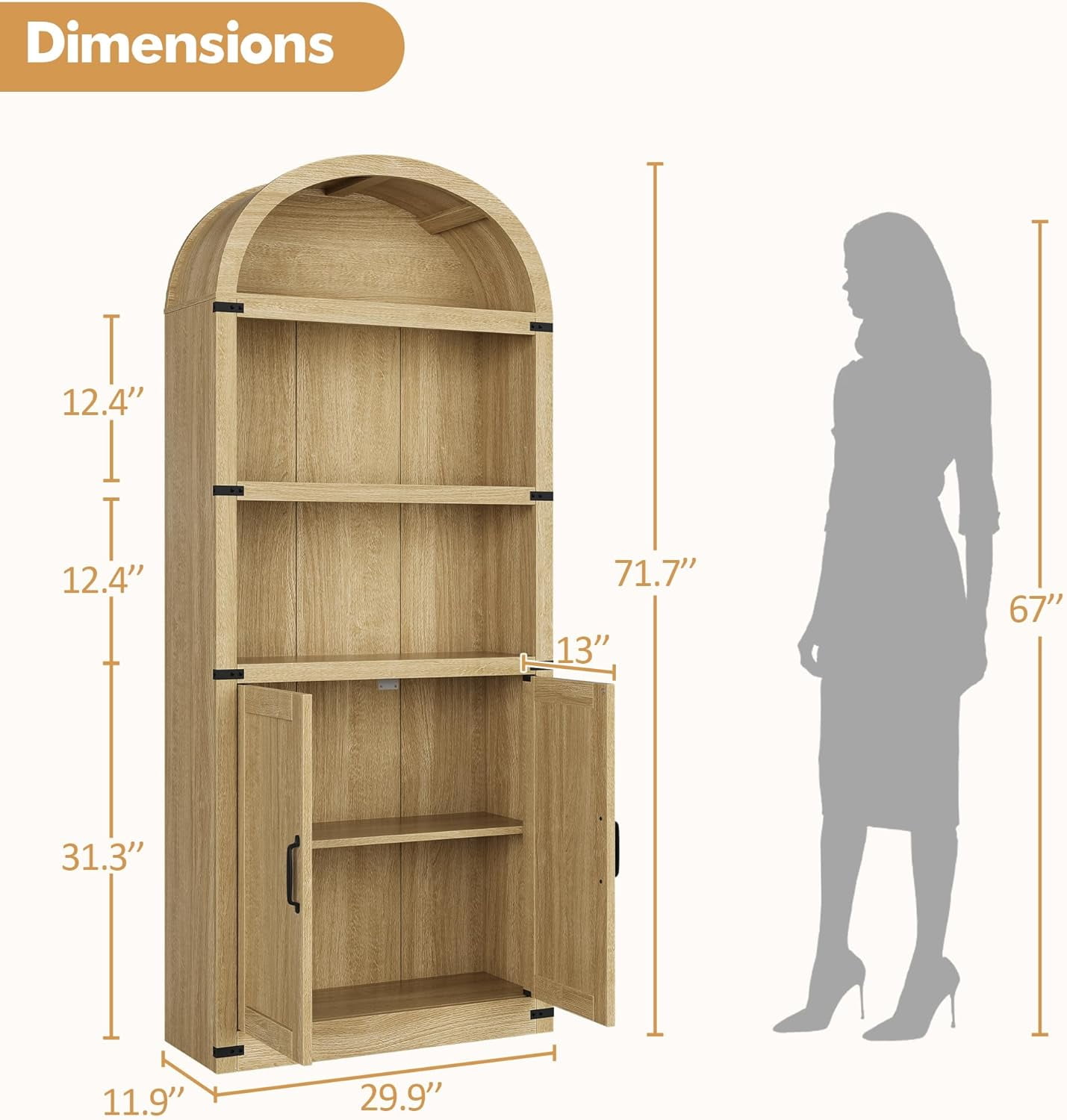 Accreate Bookcase with Doors Arched Bookshelf 71.65in Tall Bookcase Farmhouse Cabinet with Shelves Wooden Bookshelves for Home office, Living Room