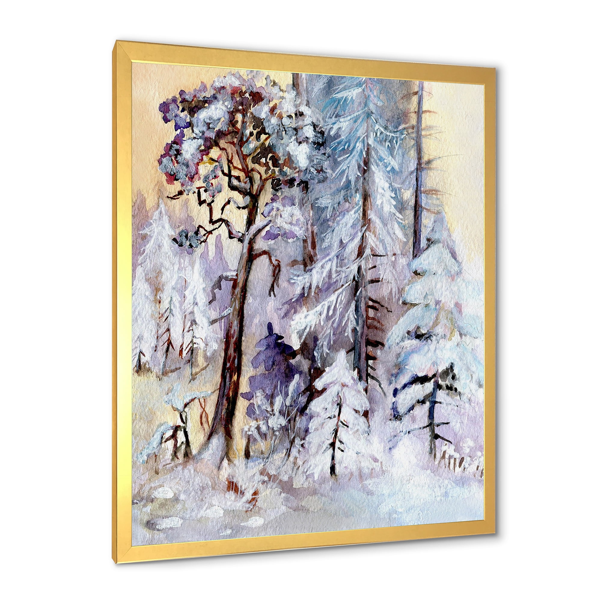 Designart 'The Lake With Winter Snowy Forest' Lake House Framed Art Print