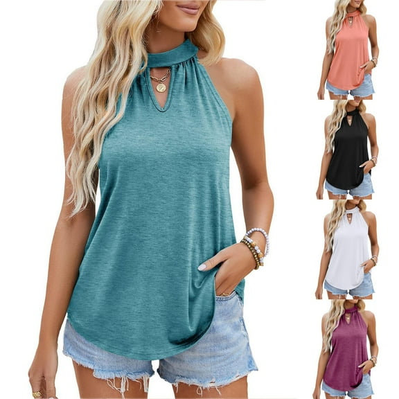 qolati Women Summer Tank Tops Sexy Halter Neck Sleeveless Solid Color T-Shirts Trendy Cutout Pleated Tunic Blouse