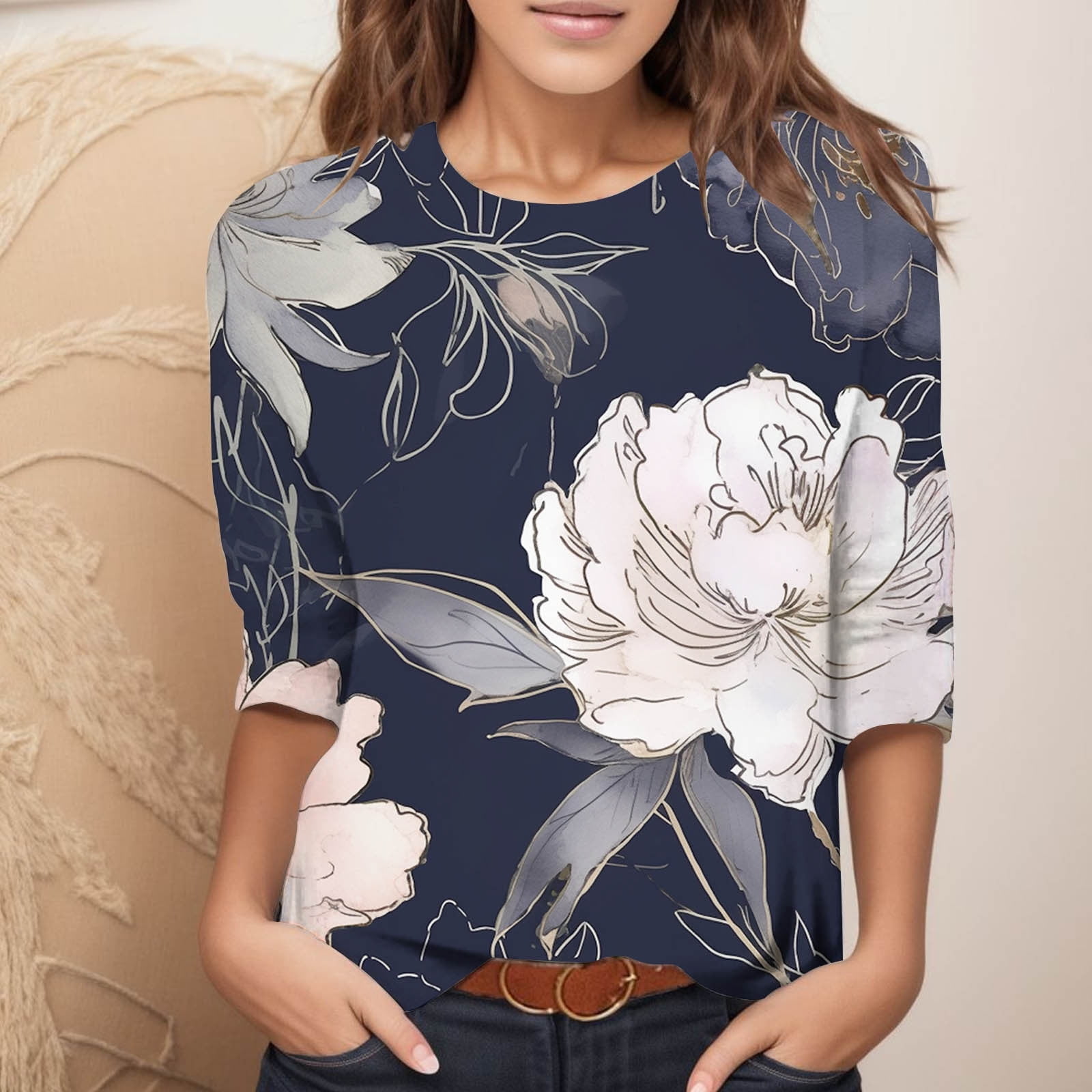 Womens Shirt Long Sleeve Cotton Shirts for Women Womens 4 3 Printing Casual Fashion Crew Neck Three Quarter Sleeve TShirt Adult Female Clothes Blue Size XL Walmart
