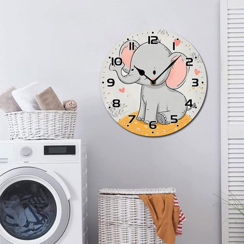 ZXCXRQFa Silent Clocks Cute Baby Elephant Silent Non Ticking Wooden Clock 10 Inch, Round Wall Clock,Decorative for Living Room, Kitchen, Home,Bathroom, Bedroom, Office or School