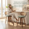 thumbnail image 2 of Set of 3 26 Inch Swivel Counter Bar Stools, Rattan Cane Back, Green Linen Seat with Curved Walnut Wood Legs, Mid-Century Farmhouse Kitchen Island Chairs, 2 of 10