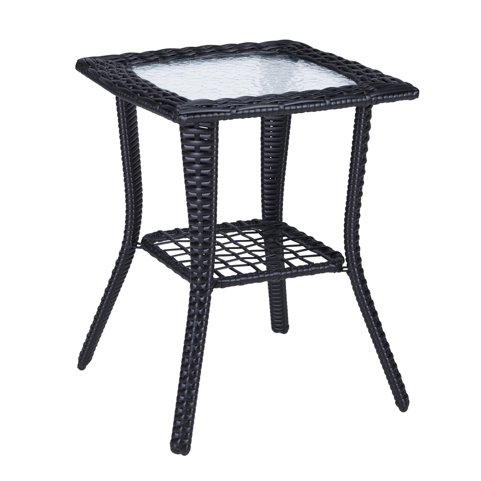 Wicker Side Table with Glass Table Top, Square PE Rattan Outdoor End Table for Patio, Garden, Poolside, Deck w/UV-Resistant Frame, Storage Space, Black
