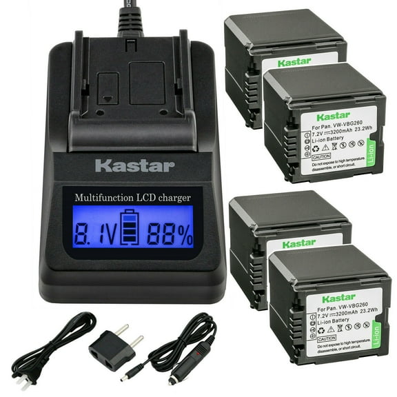 Kastar Fast Charger   VW-VBG260 Battery 4-Pack for Panasonic AG-AC7 AG-AF100 AG-HMC40 AG-HMC80 AG-HMC150 HDC-HS250 HDC-HS300 HDC-HS700 HDC-SD600 HDC-SD700 HDC-SDT750 HDC-TM300 HDC-TM700 SDR-H80 Camera