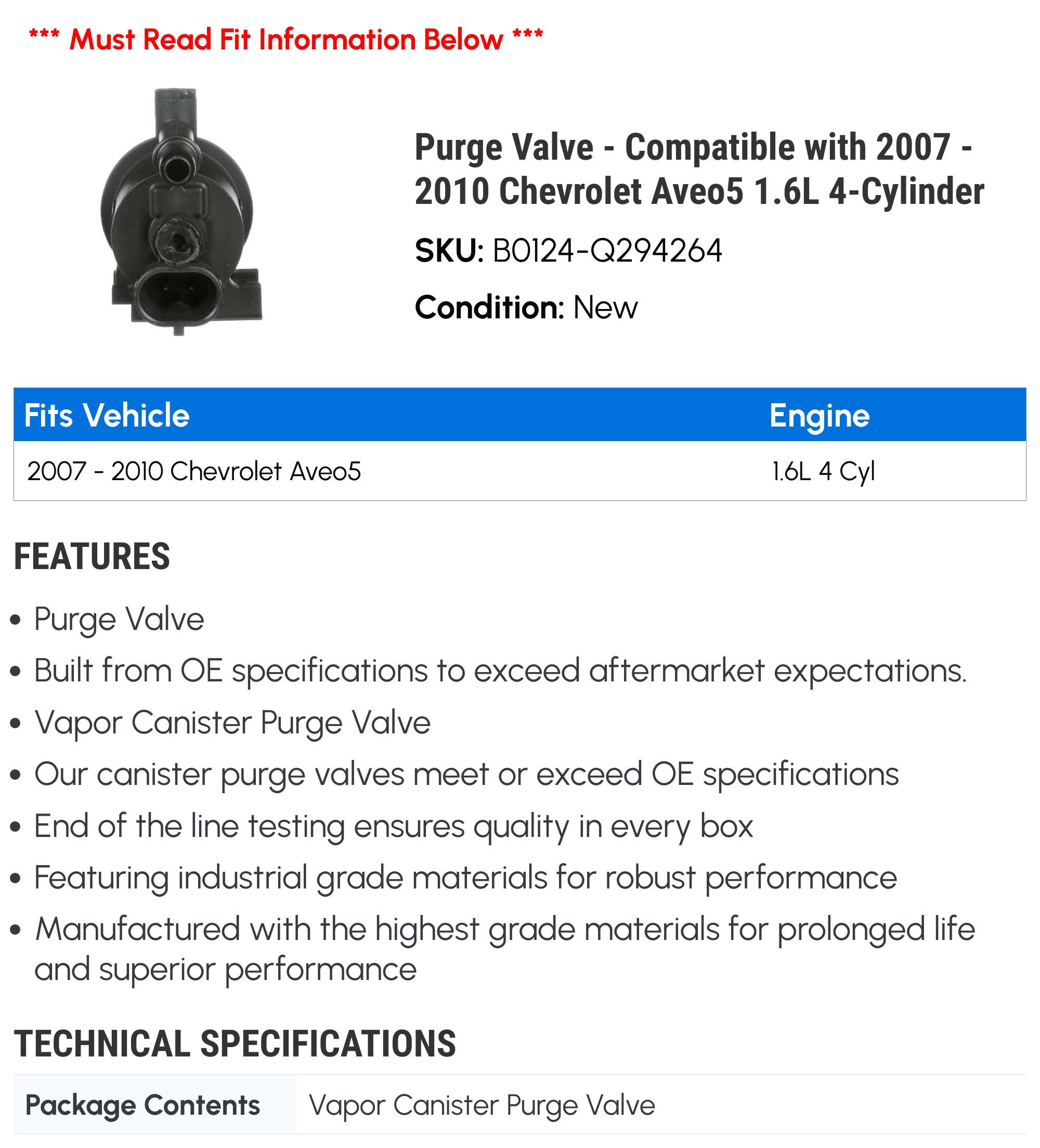 Purge Valve - Compatible with 2007 - 2010 Chevy Aveo5 1.6L 4-Cylinder 2008 2009