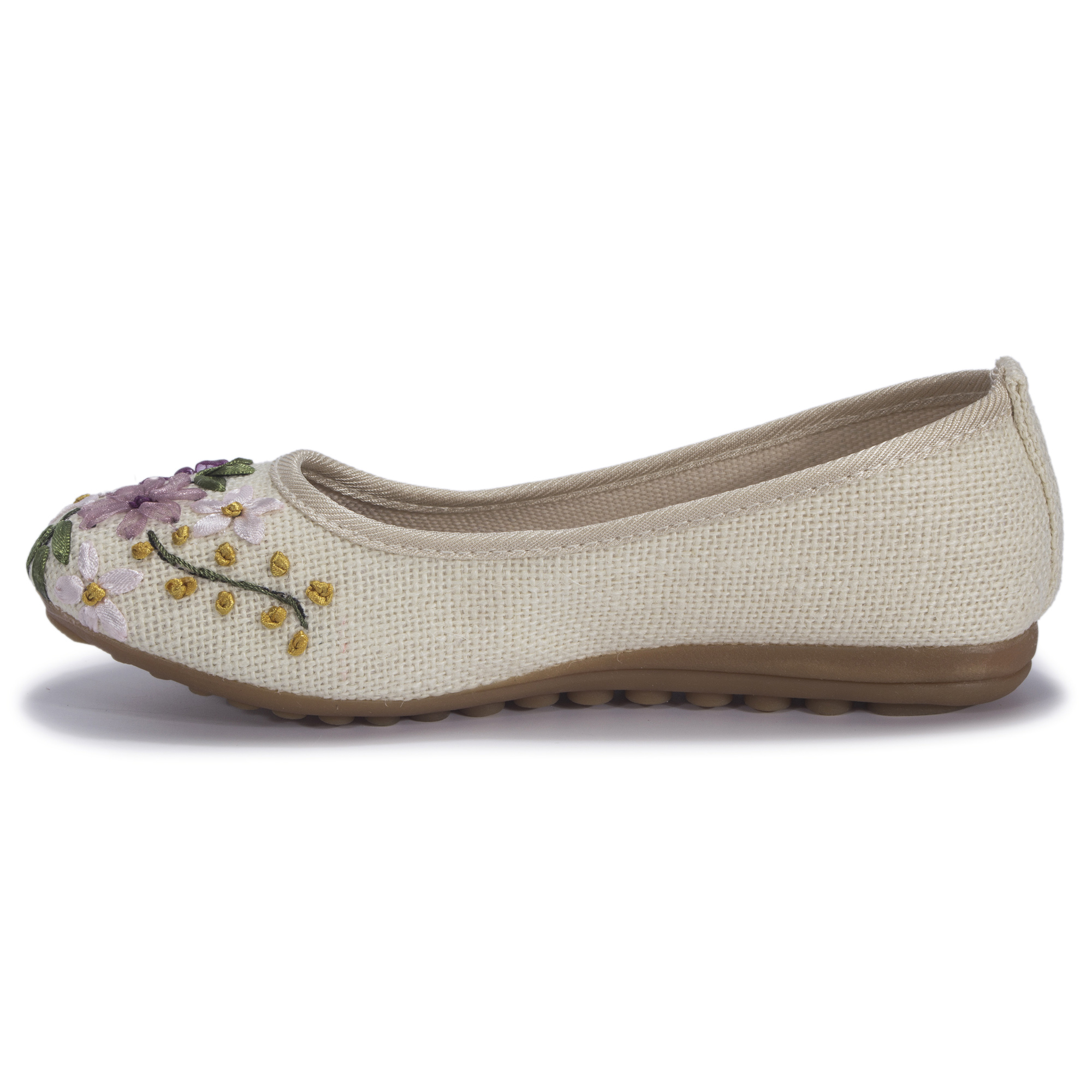 DODOING Womens Ballet Flats Floral Embroidered Cut Platform Shoe Slip On Casual Driving Loafers, Khaki/ White/ Navy Blue, 4-10 Size - image 5 of 7