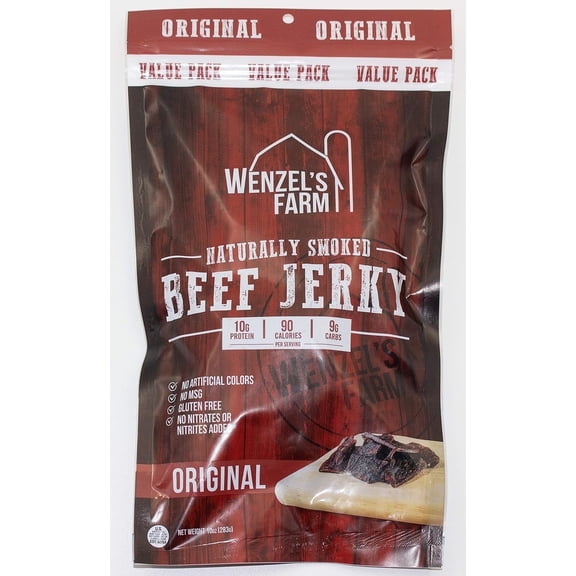 Wenzel’s Farm Original Beef Jerky, Naturally Hickory Smoked, Gluten Free, No MSG, High Protein Low Carb, 10 oz. Value Pack