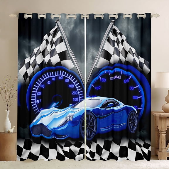 Castle Fairy Cool Blue Racer Black Out Curtains for Youngster, Speed Decor Element Curtains Pack of 2 (42x63 Each) for Bedroom, Royal Navy Tone