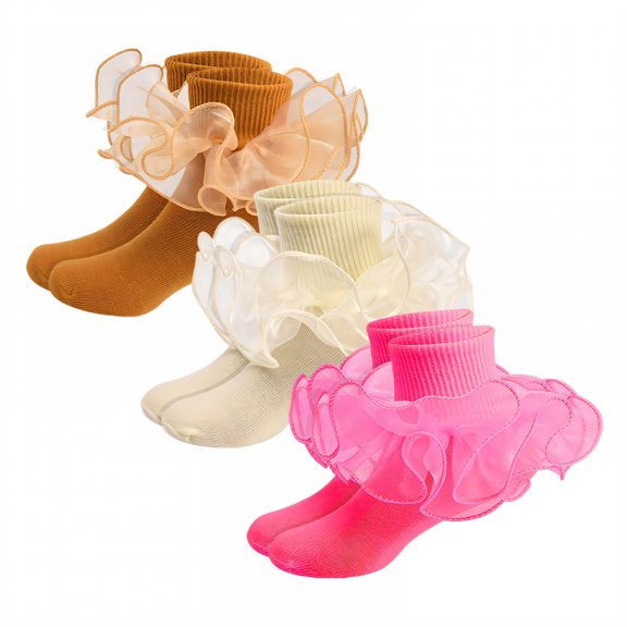 TELOLY 3Pairs Kids Socks,8-10 Years Old Ruffle Socks,Lace Trim Lace Socks,Combination1