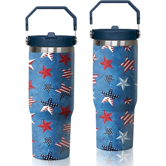 30oz American Flag 4th of July Tumbler with Handle and Flip Straw, Gifts For Memorial Day Veterans day Independence day, Patriots Coffee Mug Water Bottle, Labor Day Stainless Steel Insulated Cup