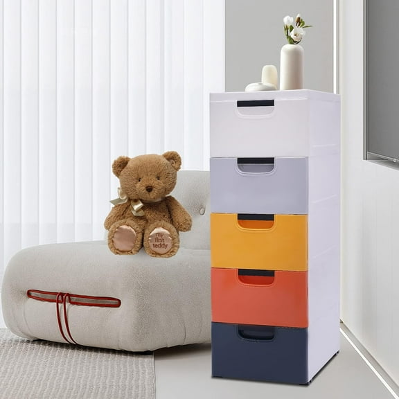 Plastic Dresser with 5 Drawers, Slim Drawer Storage Tower for Small Space, Small Chest of Drawers, Storage Cabinet with Wheels Drawer Dresser for Living Room, Bathroom,Bedroom