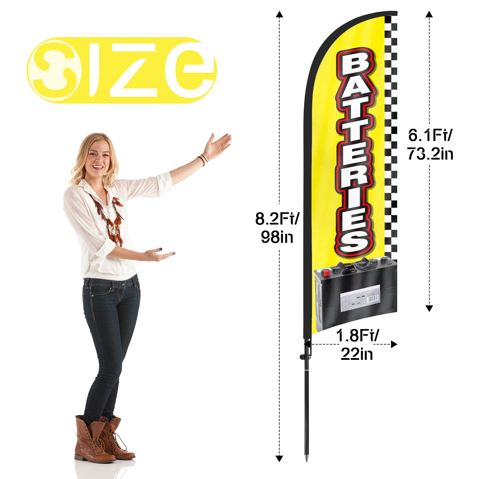 QSUM Batteries Sale Feather Flag with Flag Pole Kit and Ground Spike, 8.2FT Batteries Windless Flag Banner Sign Business for Outdoor Advertising Sign Decoration Display