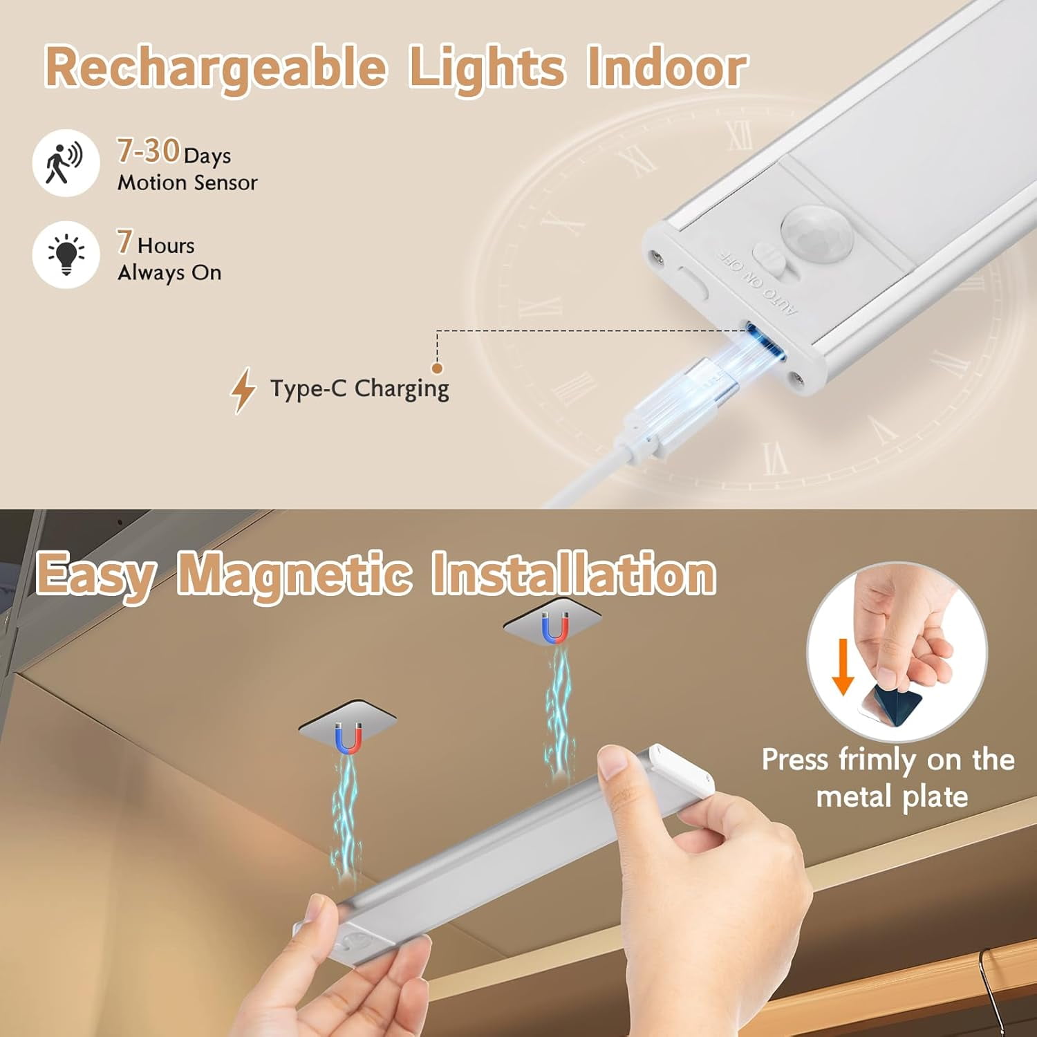 Under Cabinet Lighting Wireless, 4Pack Motion Sensor Light Indoor with 3 Color Temps, Dimmable Closet Lights Battery Operated, LED Magnetic Light, Rechargeable Counter for Kitchen Home