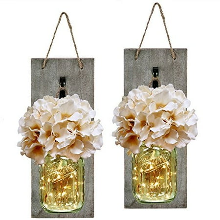 Side Wall Light Sconce - Mason Jar Sconce with LED FAIRY LIGHTS - Handcrafted Hanging Mason Jar Sconces Wall Decor (Set of 2)