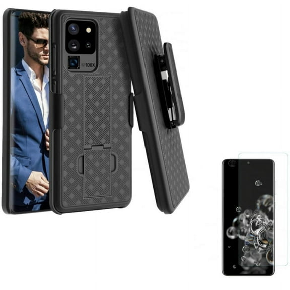 Case Belt Clip w Screen Protector for Samsung Galaxy S20 Ultra - Holster Swivel Cover Kickstand, Tempered Glass [Fingerprint Unlock] 3D Curved Edge Full Cover R5Y fits Samsung Galaxy S20 Ultra
