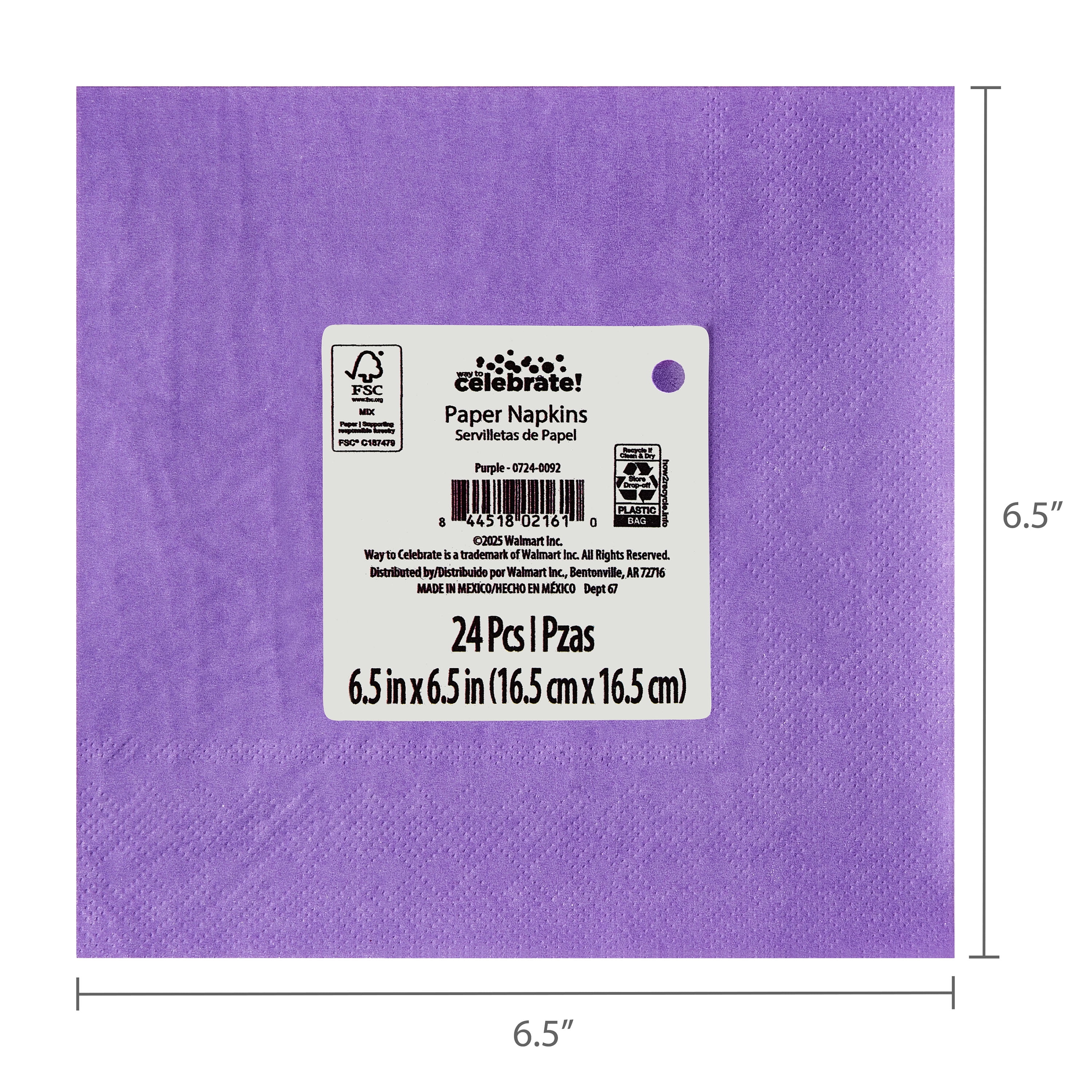 Way To Celebrate Disposable Purple Paper Napkins, 6.5 in x 6.5 in, 24 Count