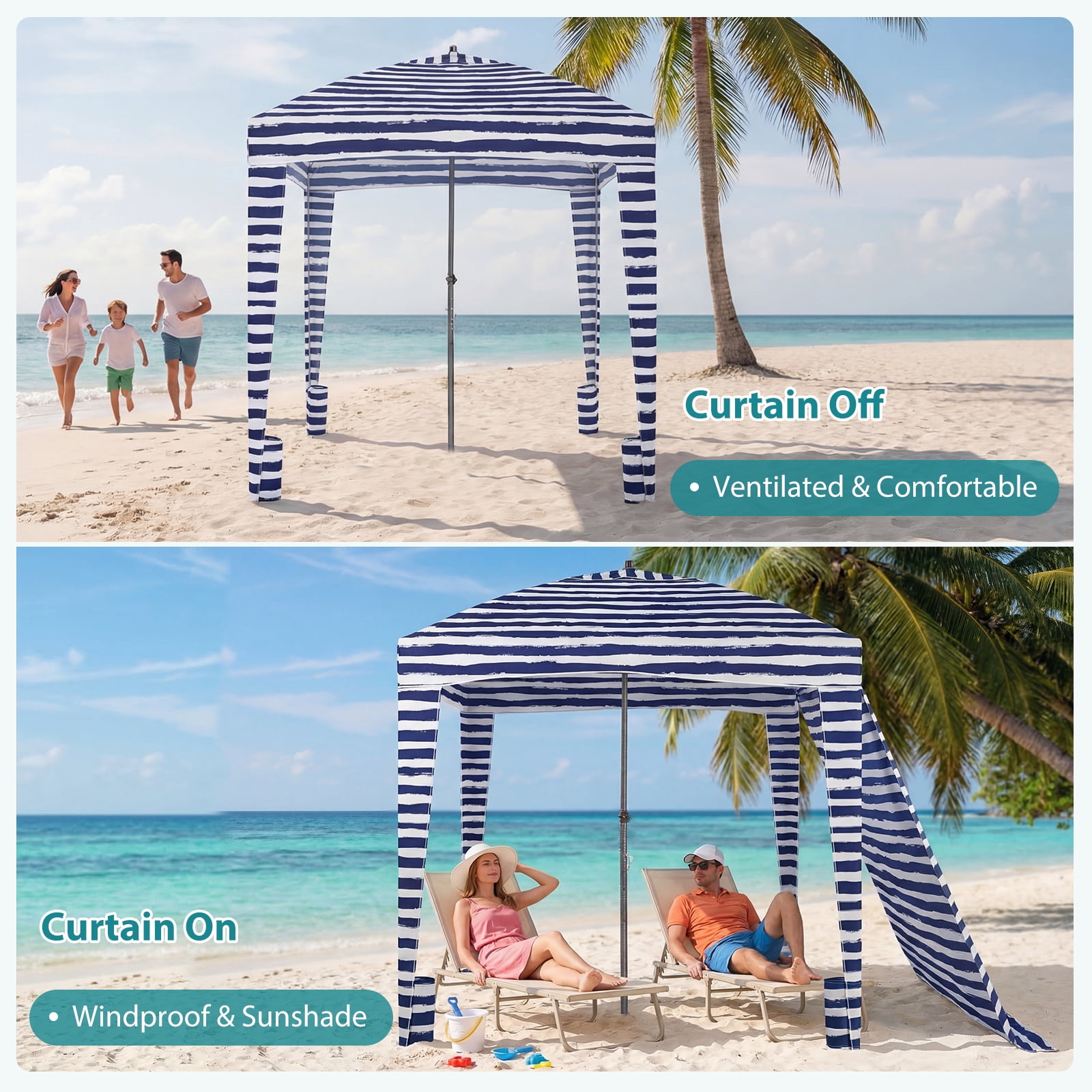 Gianna 7.1' x 7.1' Beach Canopy Tent with Side Wall, Easy Setup Sun Shade with Sand Pockets, Coral Tropical, Drak Blue
