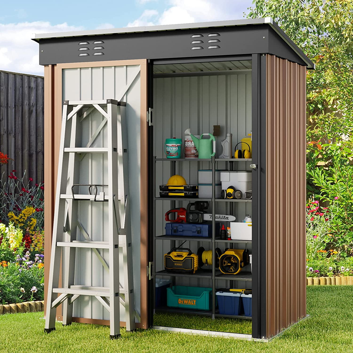 Lofka 5'x3' Outdoor Storage Shed, Metal Garden Shed,Brown