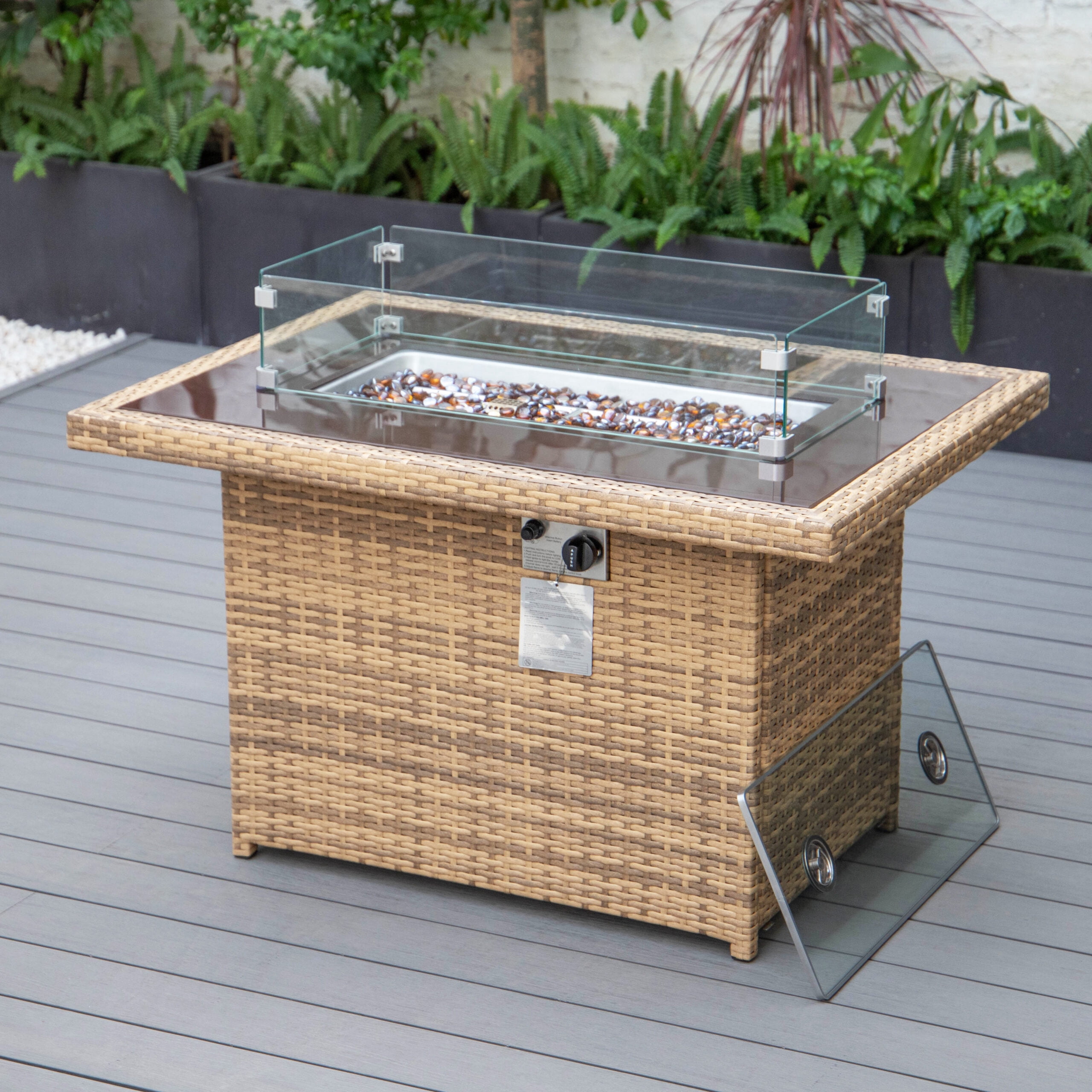 LeisureMod Wicker 55,000 BTU Fire Pit Table with Removable Lid and Tempered Glass Shield Propane Tank Storage for Modern Home, Patio, Backyard Garden Mace Collection in Light Brown