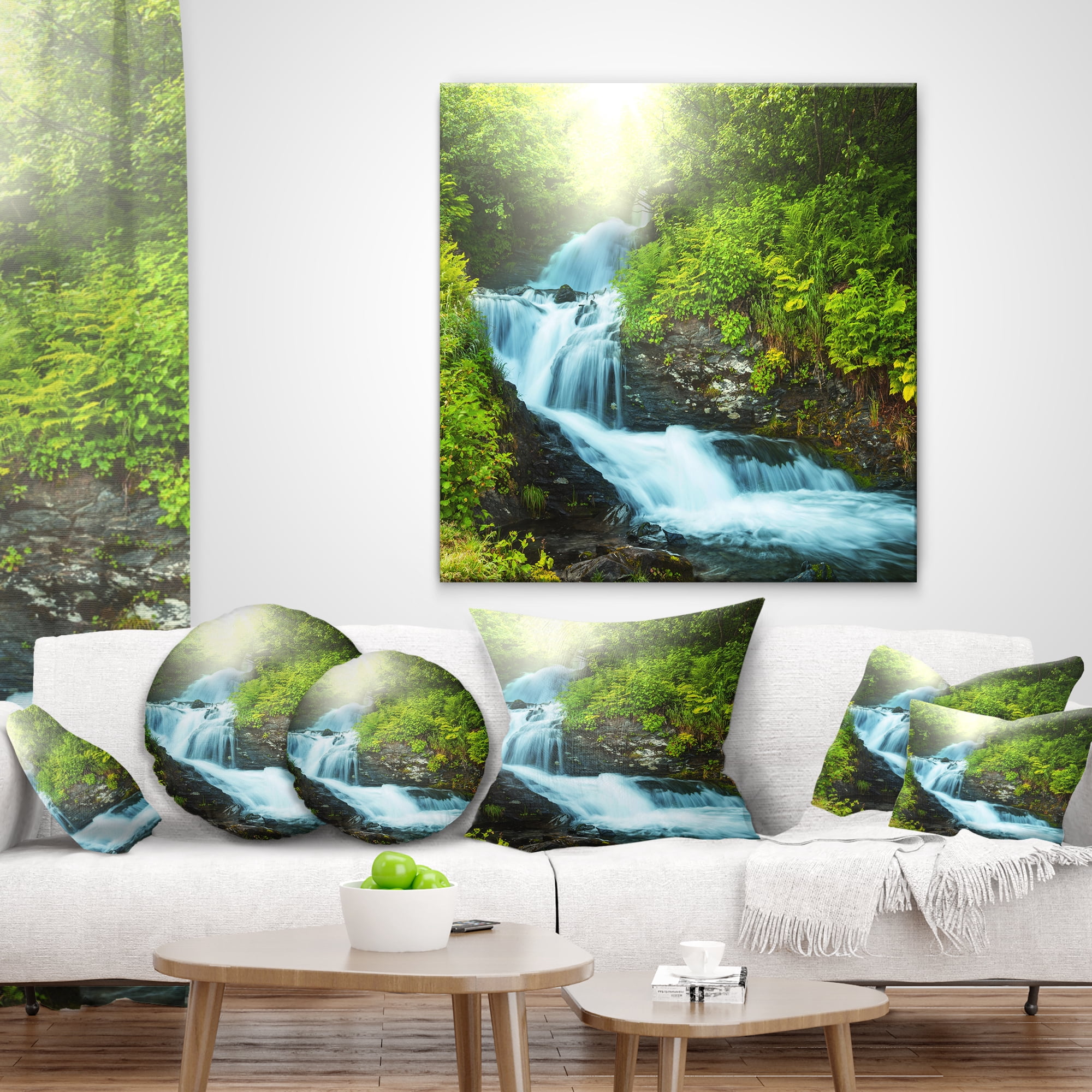 Designart Wonderful Creek in Green Forest - Landscape Printed Throw Pillow - 12x20
