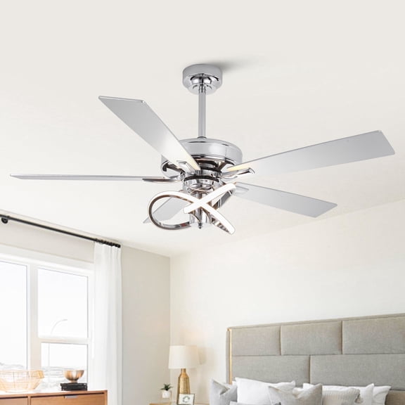 52" Modern Chrome Dimmable Ceiling Fan with Light and Remote for Bedroom and Living Room