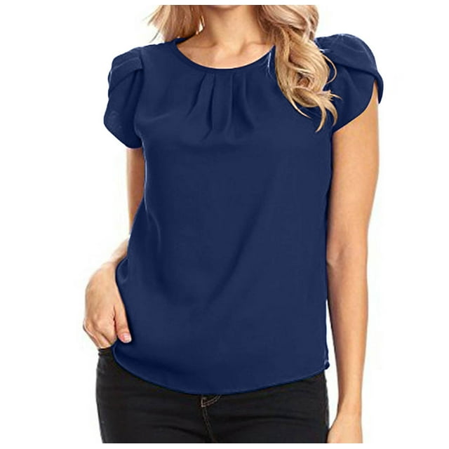 Timegard Plus Size Tops for Women Chiffon Round Neck Ruched Petal Short Sleeve Loose Tops Summer Casual
