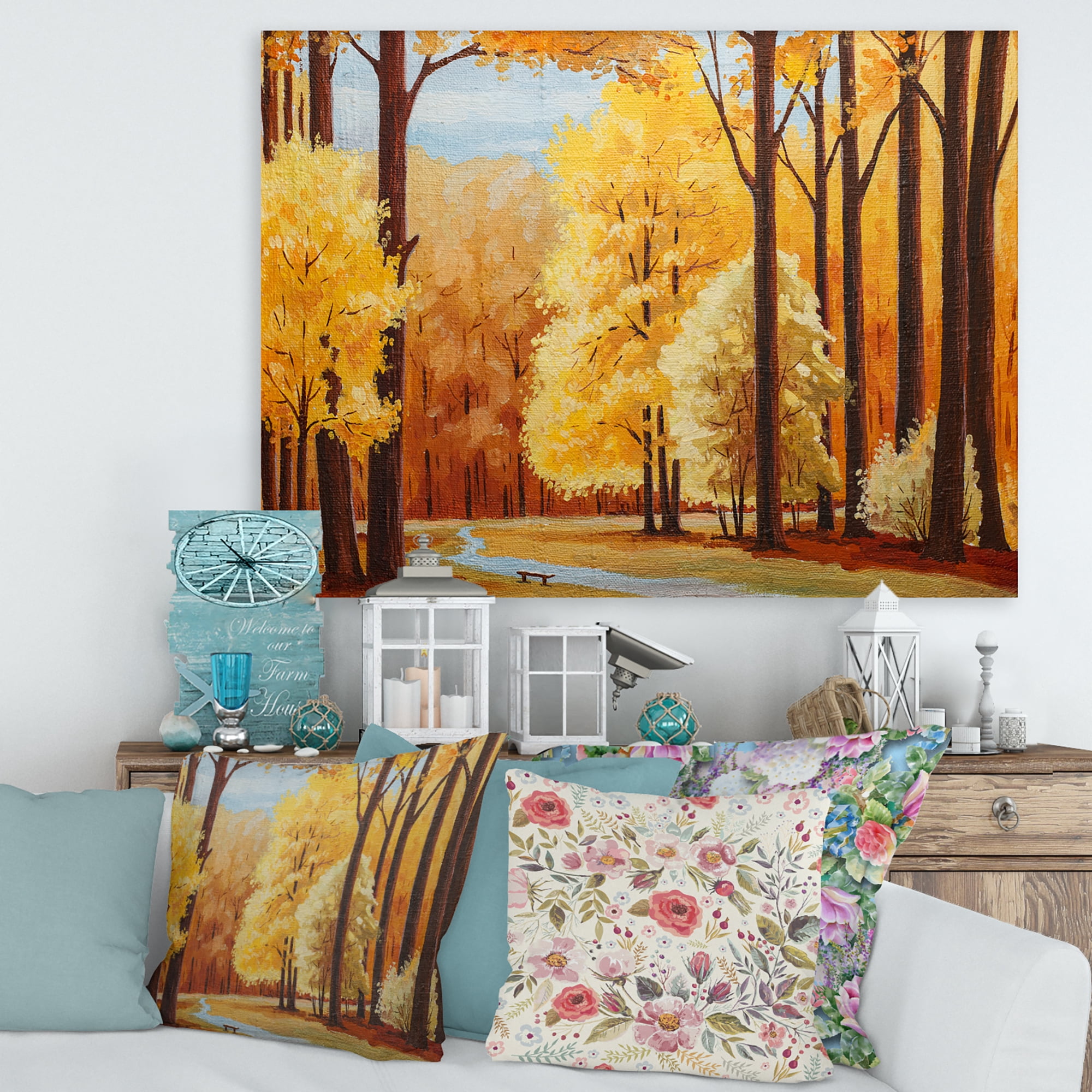 Designart ' Orange Autumn Trees At Sunrise ' Farmhouse Canvas Wall Art Print
