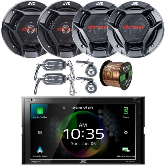 JVC KW-M865BW Double DIN Bluetooth Dual USB Digital Media Car Audio Receiver Bundle with 2x 6.5" 2-Way 360W Peak Car Audio Component Speakers, 2x 6.5" Coaxial 300W Max Vehicle Speakers, Speaker Wire