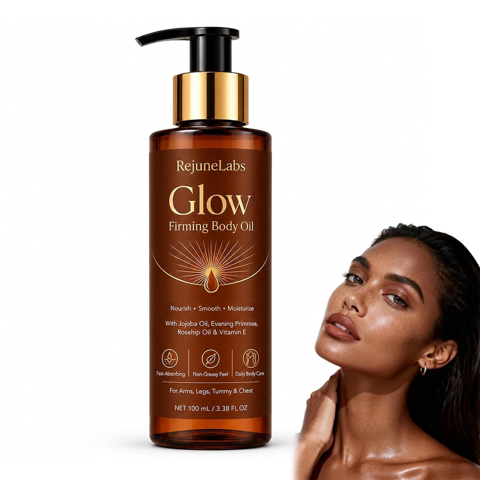 RejuneLabs Glow Body Oil – Lightweight Moisturizing Oil with Jojoba & Rosehip, Fast Absorbing Non-Greasy Formula, 3.4 fl oz(1PC)