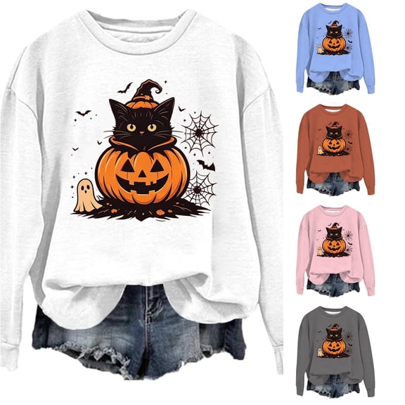 Women's Hoodedless Sweatshirt for Wear with Halloween Graphic Casual Pullover Top for Spring and Autumn Fashion Streetwear White S
