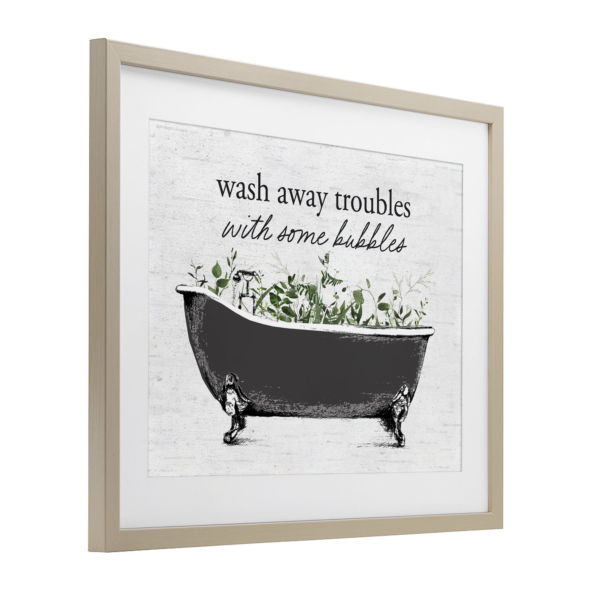 Comforting Bubble Bath Quote Birch Framed Print Under Glass, design by Lettered and Lined