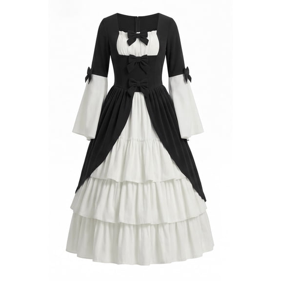 Anmrize Victorian Dress, Renaissance Bow Decor Gown, Tiered Cake Skirt Dress, Women's Victorian Renaissance Dress Bow Decor Tiered Skirt Long Sleeve Costume Gown, Black L