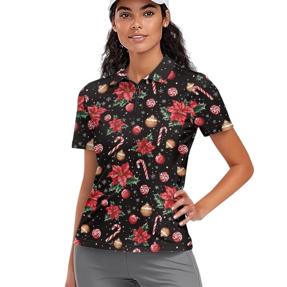 Whosucclay Soft Workout Shirts, Poinsettia Candy Cane Design Polyester Casual Sports Half Zip Tennis Short Sleeved Shirt for Golf Travel Bowling Size X-Small