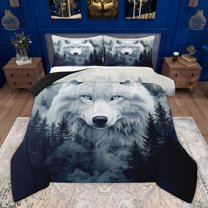 Homewish Jungle White Wolf Queen Comforter Set for Kids, Rustic Pine Tree Botanical Bedding Sets, Woodland Animal Reversible Bedding Comforter Set, Super Cozy Room Decor, 3 Pieces