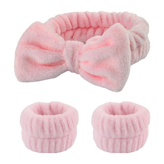 3Pcs/Set Spa Headband and Wristband Set, Spa Face Wash Bow Headband, Soft Elastic Skin Care Headband and Wristband for Women Makeup Skin Care Face Wash - Pink