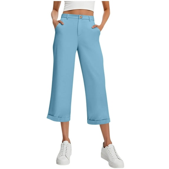 Brglopf Womens Dress Pants Wide Leg High Elastic Waisted Capri Pants Dressy Casual Business Slacks Work Trousers with Pockets Blue M