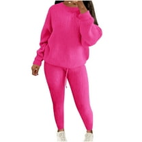 hotojiny Women's Plus Size 2 Piece Knitted Outfits Casual Long Sleeve Crewneck Tops with Slim Pants Lounge Outfits