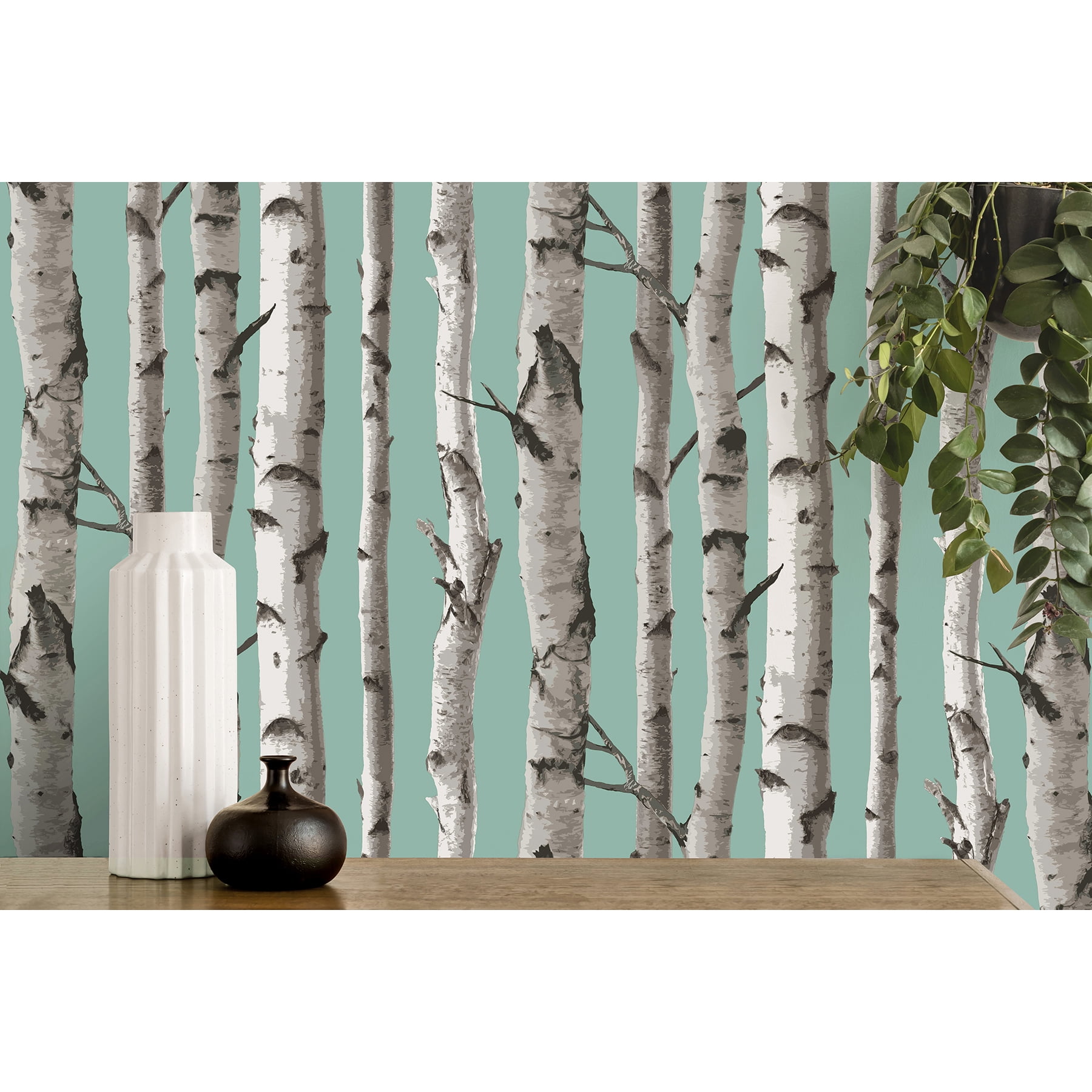 Fine Decor Chester Aqua Birch Trees Wallpaper, 20.5-in by 33-ft